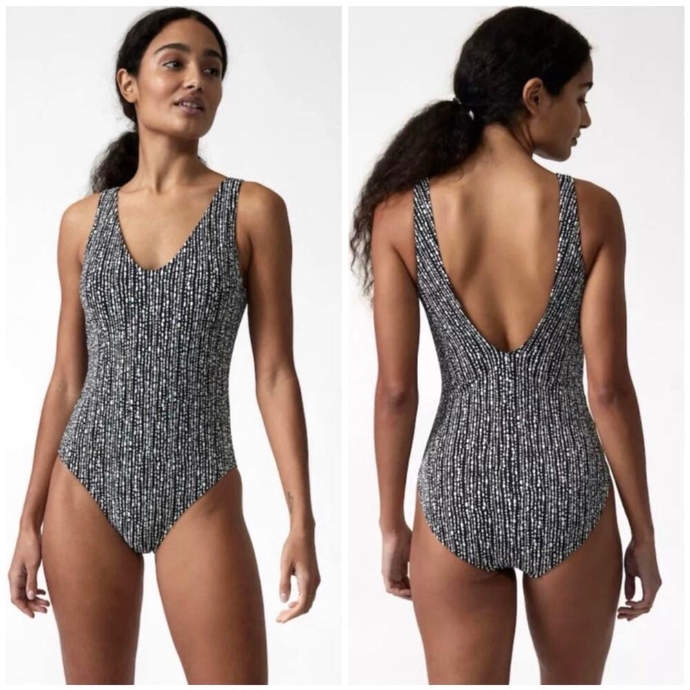 ATHLETA Seychelles One Piece Swimsuit Medium Black White Rice Print UPF50